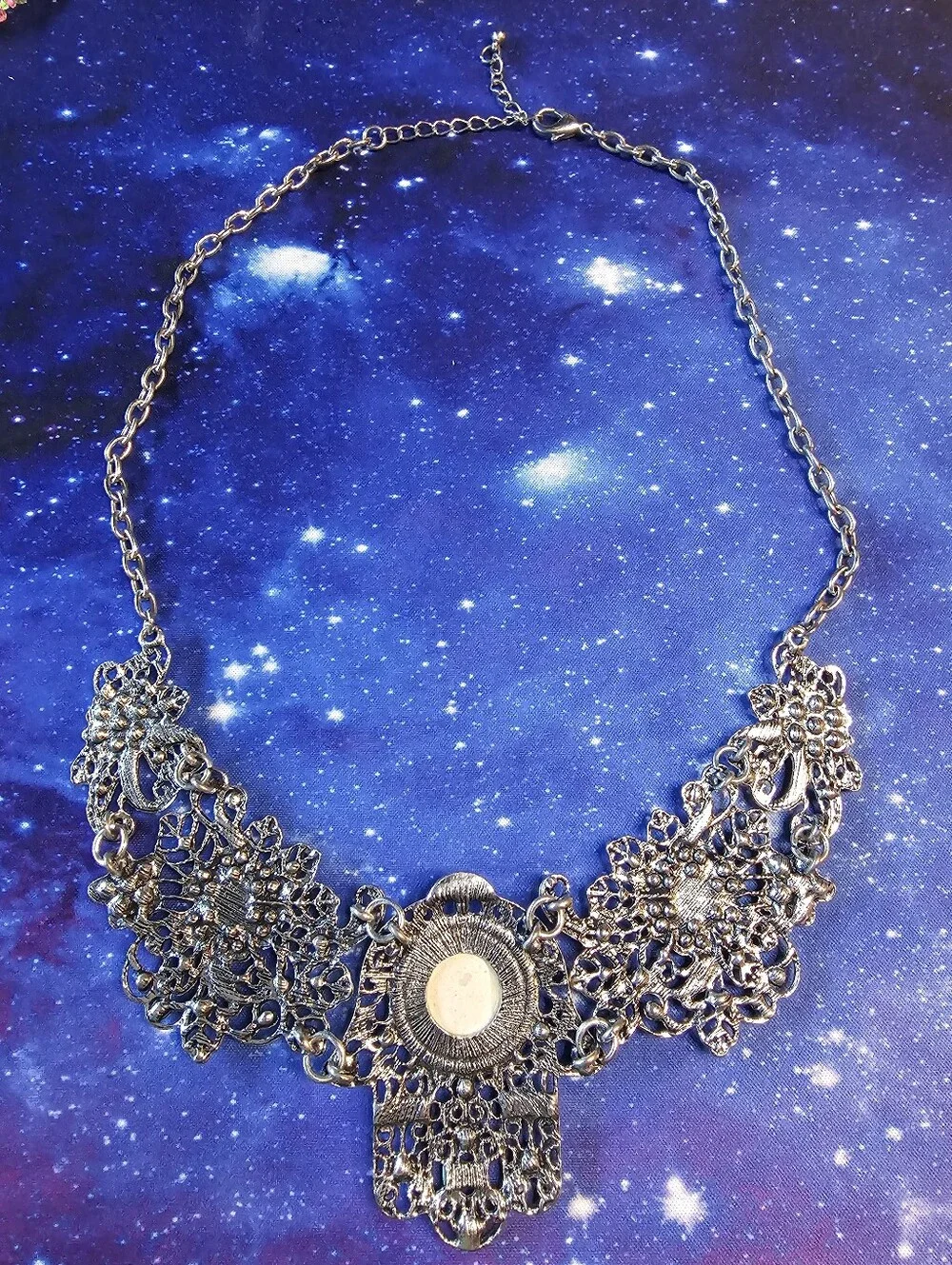 Hamsa Statement Necklace with Turquoise And Pink Accents